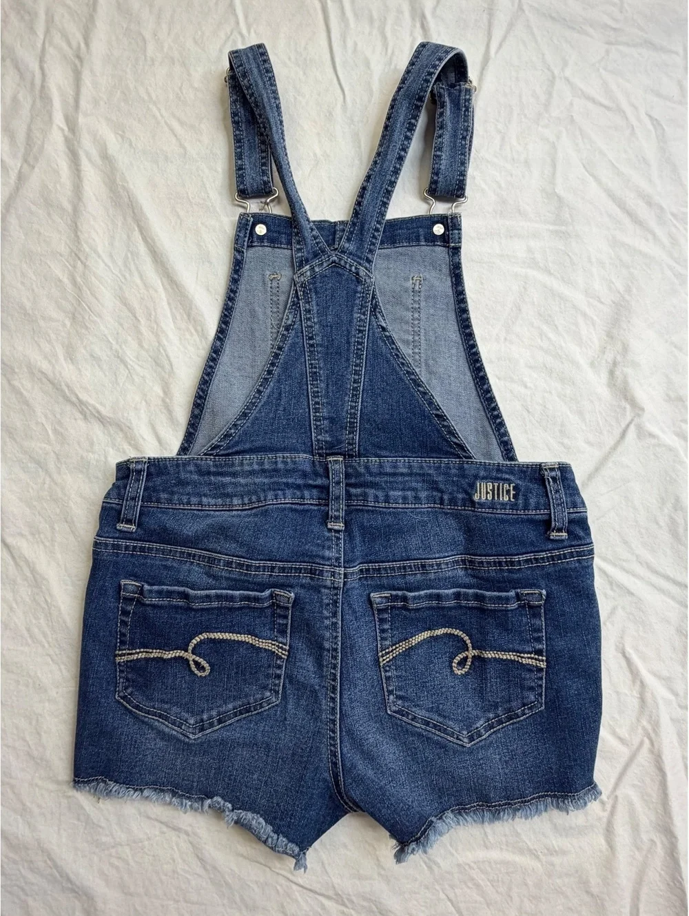 Justice Girls Size 10 Denim Shortalls Sequin Stars Striped Pocket Overalls
